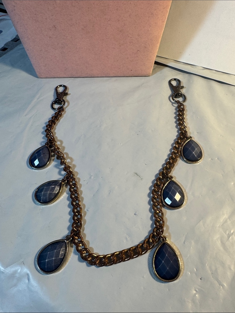 bronze Chain Drop Purse Charm with Navy Teardrop Stones